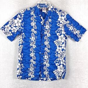 VTG Hawaiian Togs Shirt Mens M Blue White Floral Preppy Beach Tiki Aloha USA